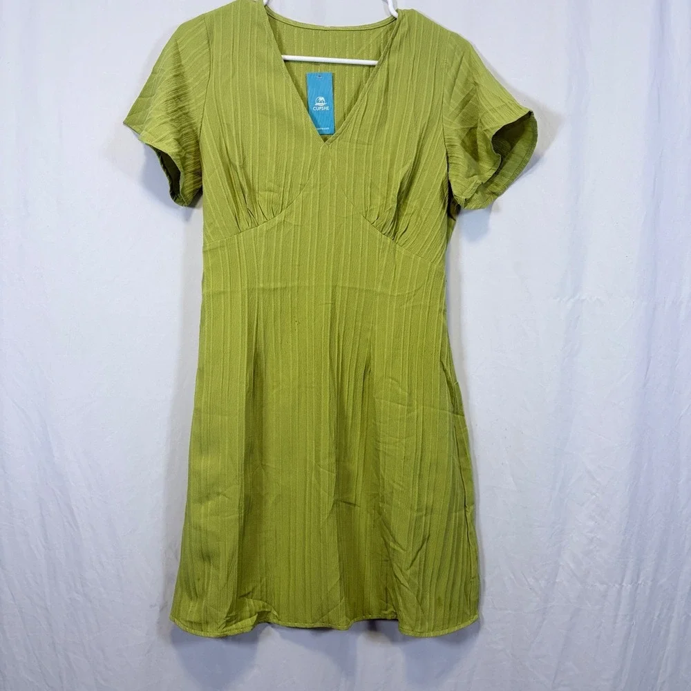 CUPSHE Dress V-Neck Short Sleeve Textured Tie Back Lime Green S‎